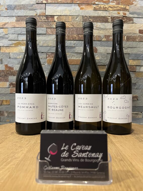 1 Bourgogne blanc 2023, 1 Meursault les Corbins 2023, 1 Hautes Côtes de Beaune rouge 2023 et 1 Pommard les Perrières 2023 Domaine Vincent DANCER